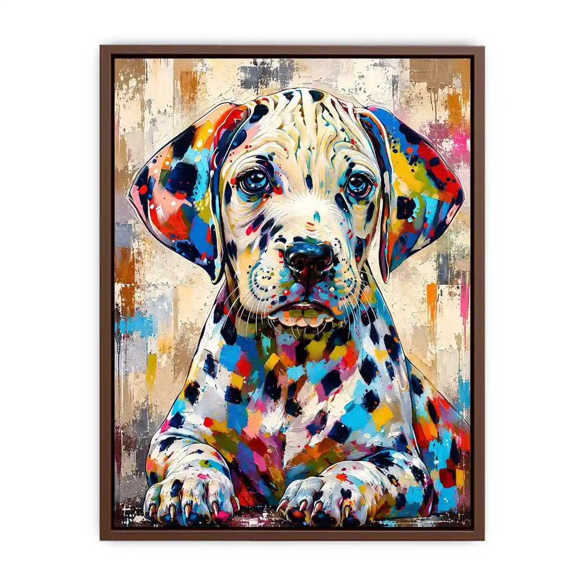 Colorful Dalmatian dog wall art with vibrant abstract paint style, modern pet portrait canvas for living room and kids room decor