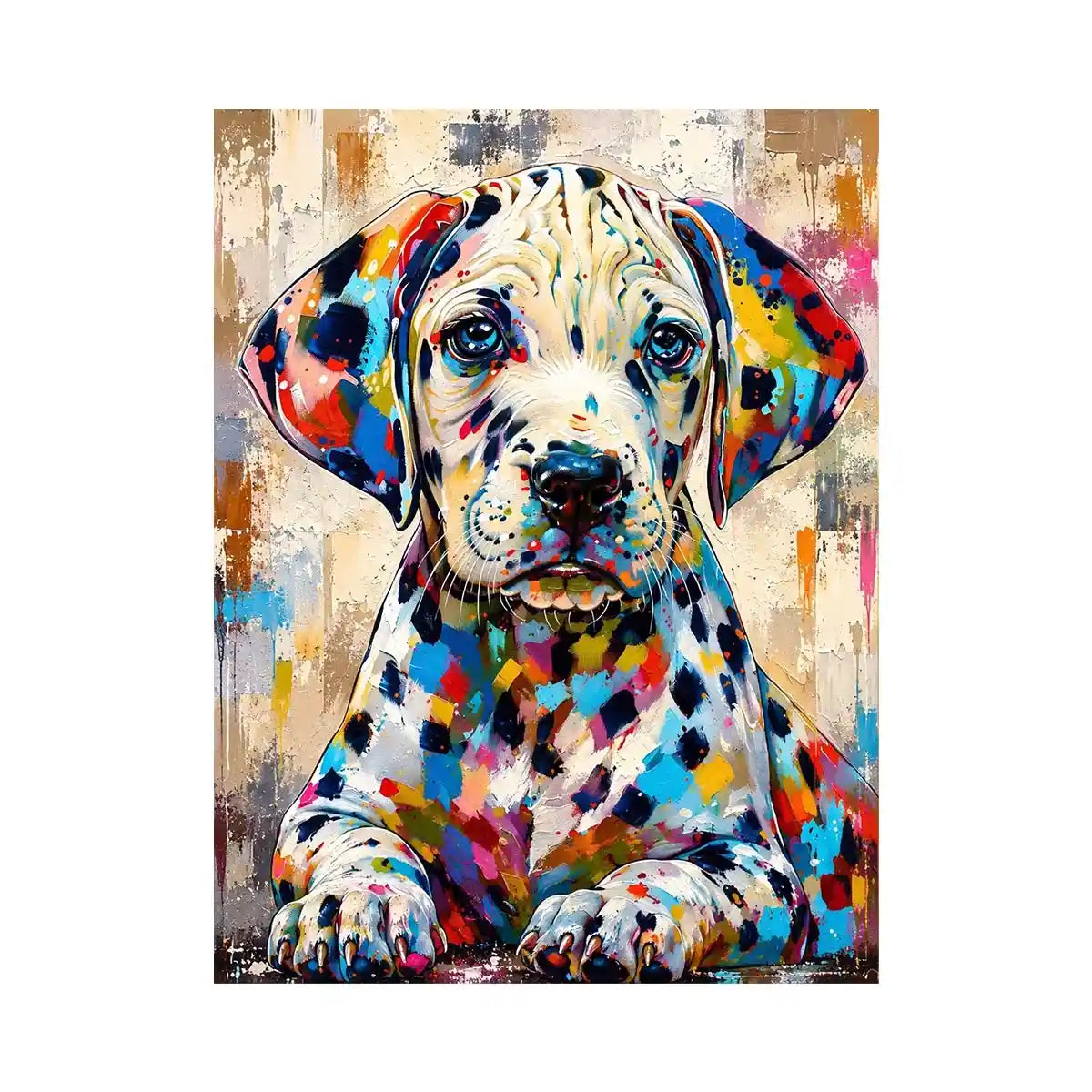 Colorful Dalmatian dog wall art with vibrant abstract paint style, modern pet portrait canvas for living room and kids room decor