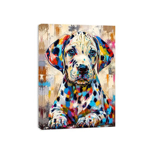 Colorful Dalmatian dog wall art with vibrant abstract paint style, modern pet portrait canvas for living room and kids room decor