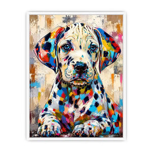 Colorful Dalmatian dog wall art with vibrant abstract paint style, modern pet portrait canvas for living room and kids room decor