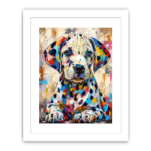 Colorful Dalmatian dog wall art with vibrant abstract paint style, modern pet portrait canvas for living room and kids room decor