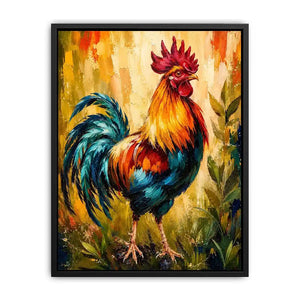 Vibrant rooster wall art with bold colorful feathers and textured background, modern farmhouse canvas for kitchen and dining room decor