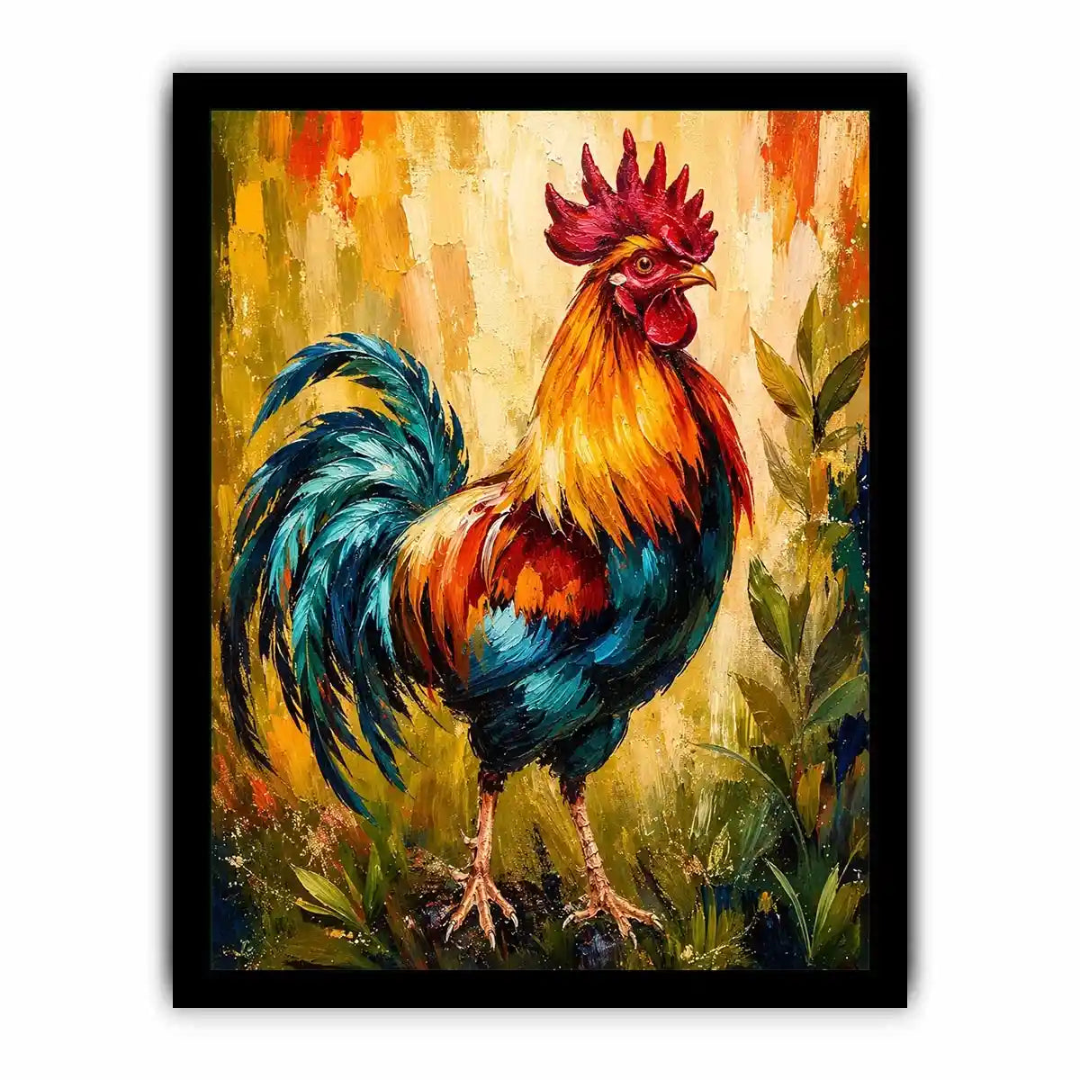 Vibrant rooster wall art with bold colorful feathers and textured background, modern farmhouse canvas for kitchen and dining room decor