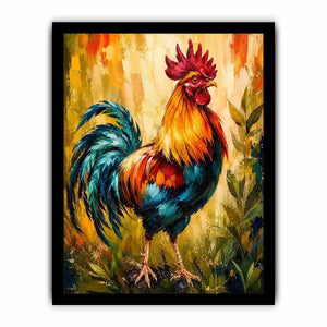Vibrant rooster wall art with bold colorful feathers and textured background, modern farmhouse canvas for kitchen and dining room decor