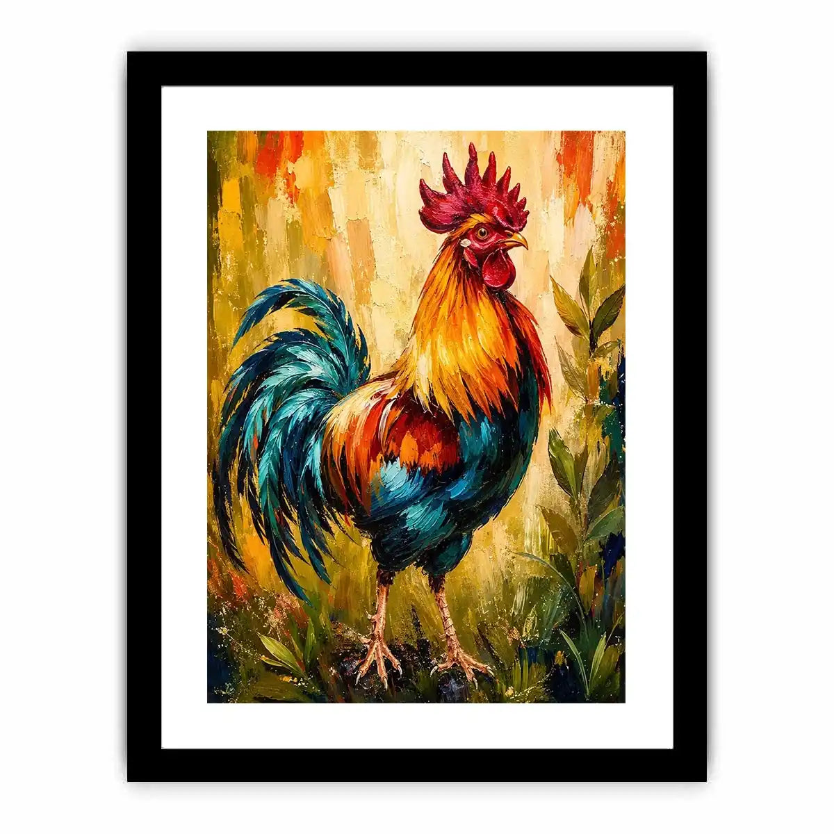 Vibrant rooster wall art with bold colorful feathers and textured background, modern farmhouse canvas for kitchen and dining room decor