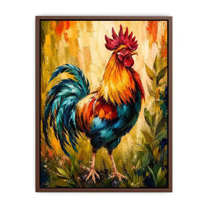 Vibrant rooster wall art with bold colorful feathers and textured background, modern farmhouse canvas for kitchen and dining room decor