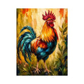 Vibrant rooster wall art with bold colorful feathers and textured background, modern farmhouse canvas for kitchen and dining room decor