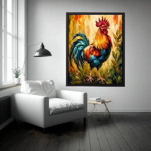Vibrant rooster wall art with bold colorful feathers and textured background, modern farmhouse canvas for kitchen and dining room decor