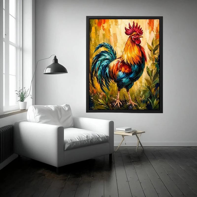Vibrant rooster wall art with bold colorful feathers and textured background, modern farmhouse canvas for kitchen and dining room decor