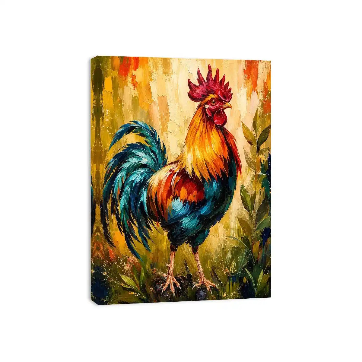 Vibrant rooster wall art with bold colorful feathers and textured background, modern farmhouse canvas for kitchen and dining room decor