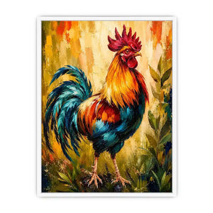 Vibrant rooster wall art with bold colorful feathers and textured background, modern farmhouse canvas for kitchen and dining room decor