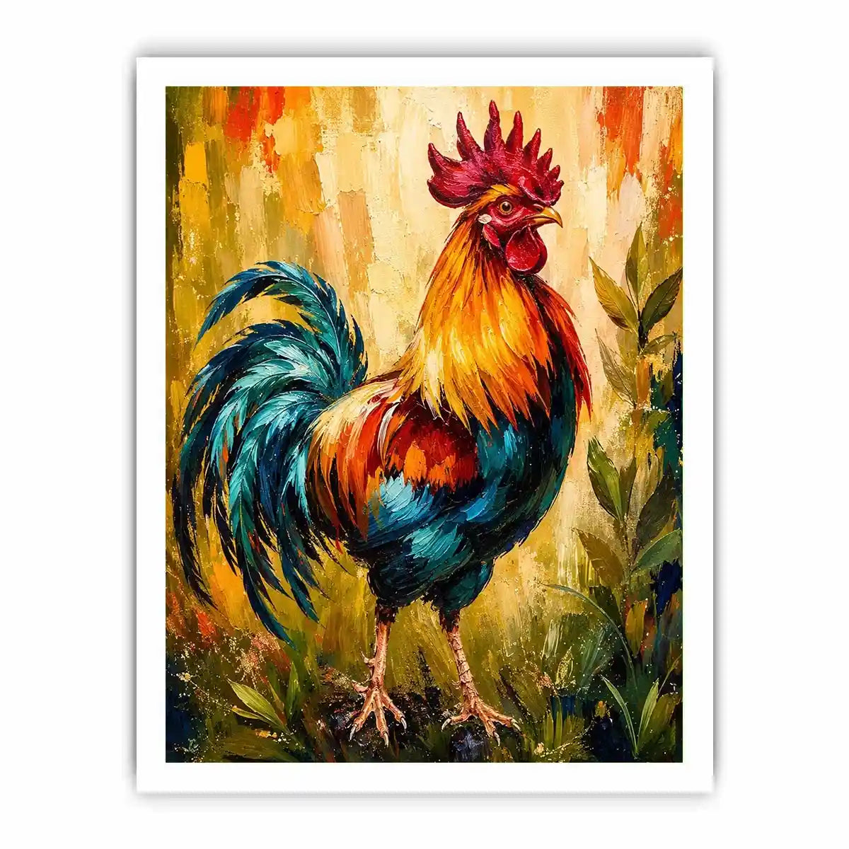 Vibrant rooster wall art with bold colorful feathers and textured background, modern farmhouse canvas for kitchen and dining room decor