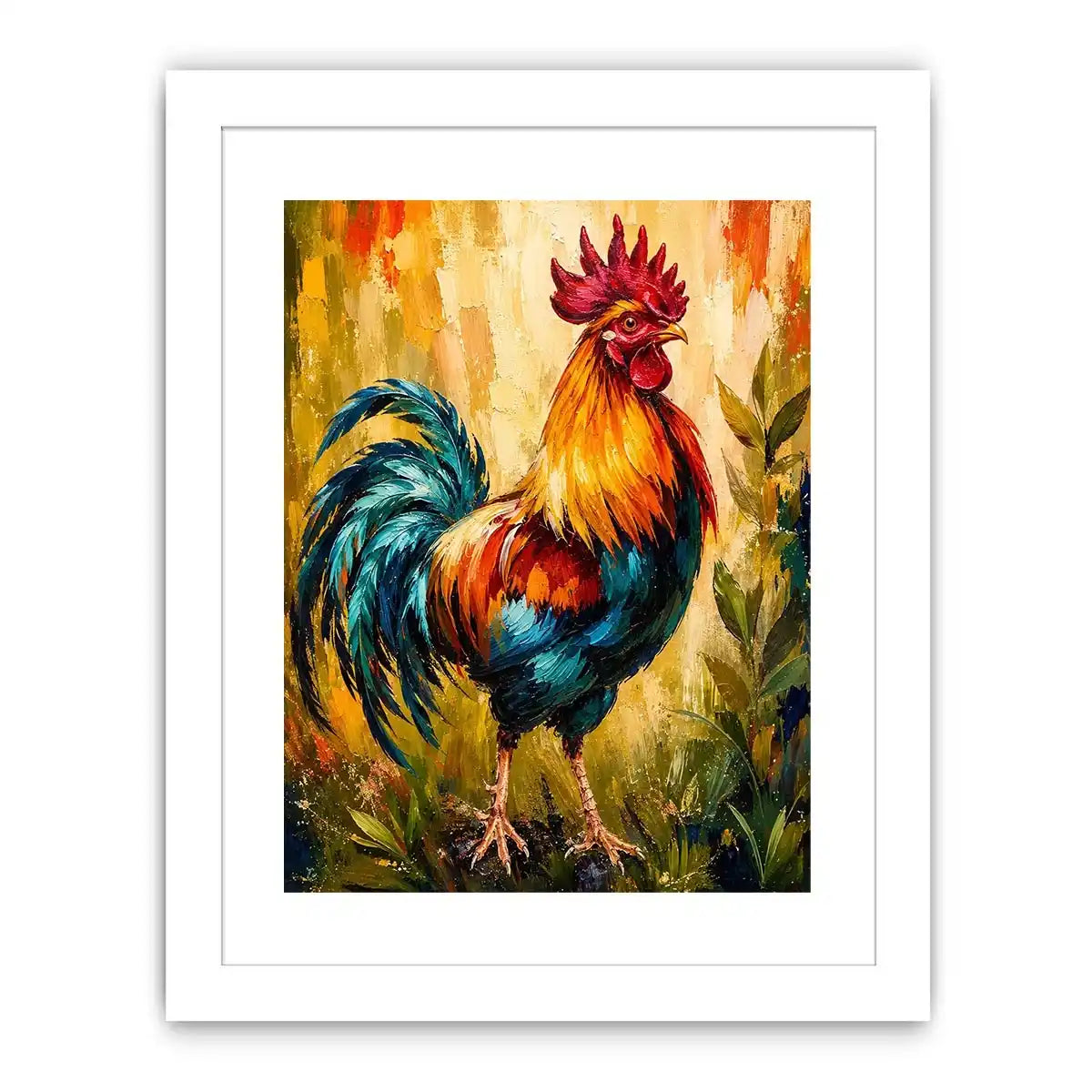 Vibrant rooster wall art with bold colorful feathers and textured background, modern farmhouse canvas for kitchen and dining room decor