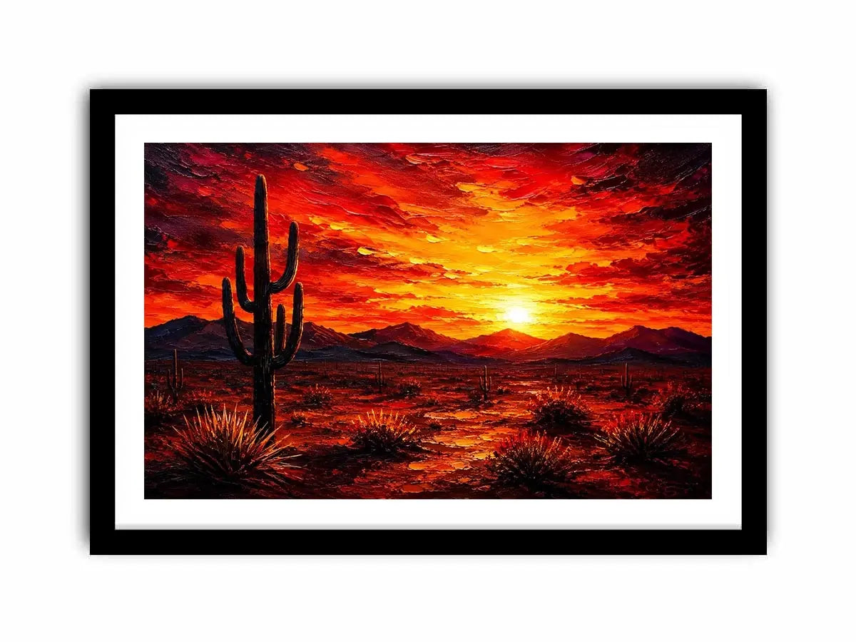 Abstract desert sunset wall art with cactus silhouette and fiery sky, bold modern landscape canvas for living room and office decor