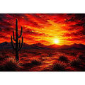 Abstract desert sunset wall art with cactus silhouette and fiery sky, bold modern landscape canvas for living room and office decor