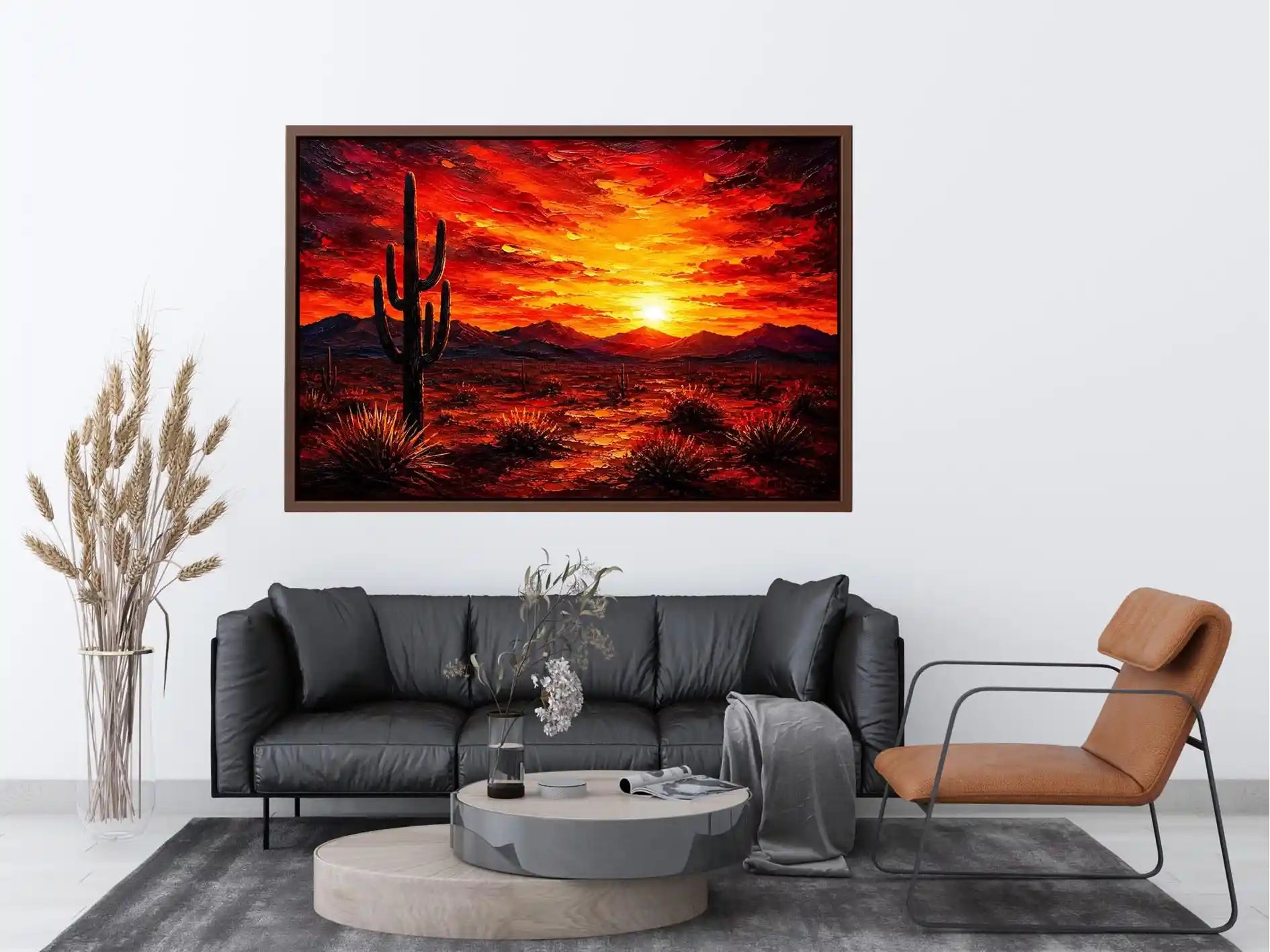 Abstract desert sunset wall art with cactus silhouette and fiery sky, bold modern landscape canvas for living room and office decor