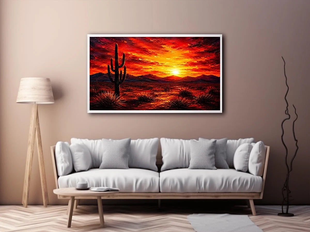 Abstract desert sunset wall art with cactus silhouette and fiery sky, bold modern landscape canvas for living room and office decor