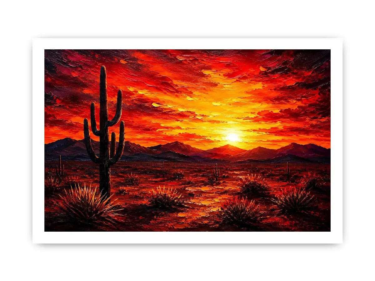 Abstract desert sunset wall art with cactus silhouette and fiery sky, bold modern landscape canvas for living room and office decor