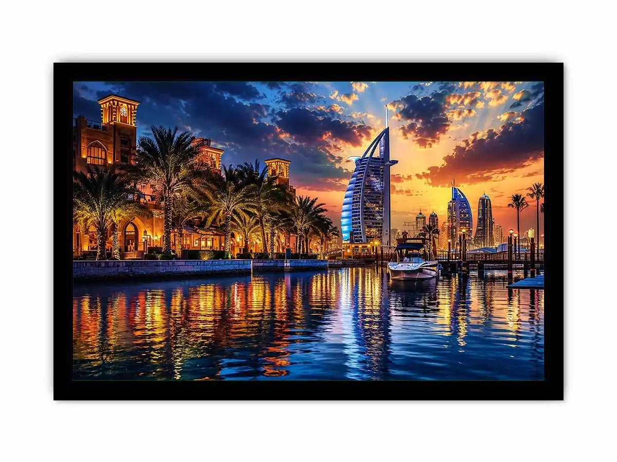 Dubai skyline wall art with waterfront reflections at sunset featuring Burj Al Arab and marina, luxury cityscape canvas for living room and office decor