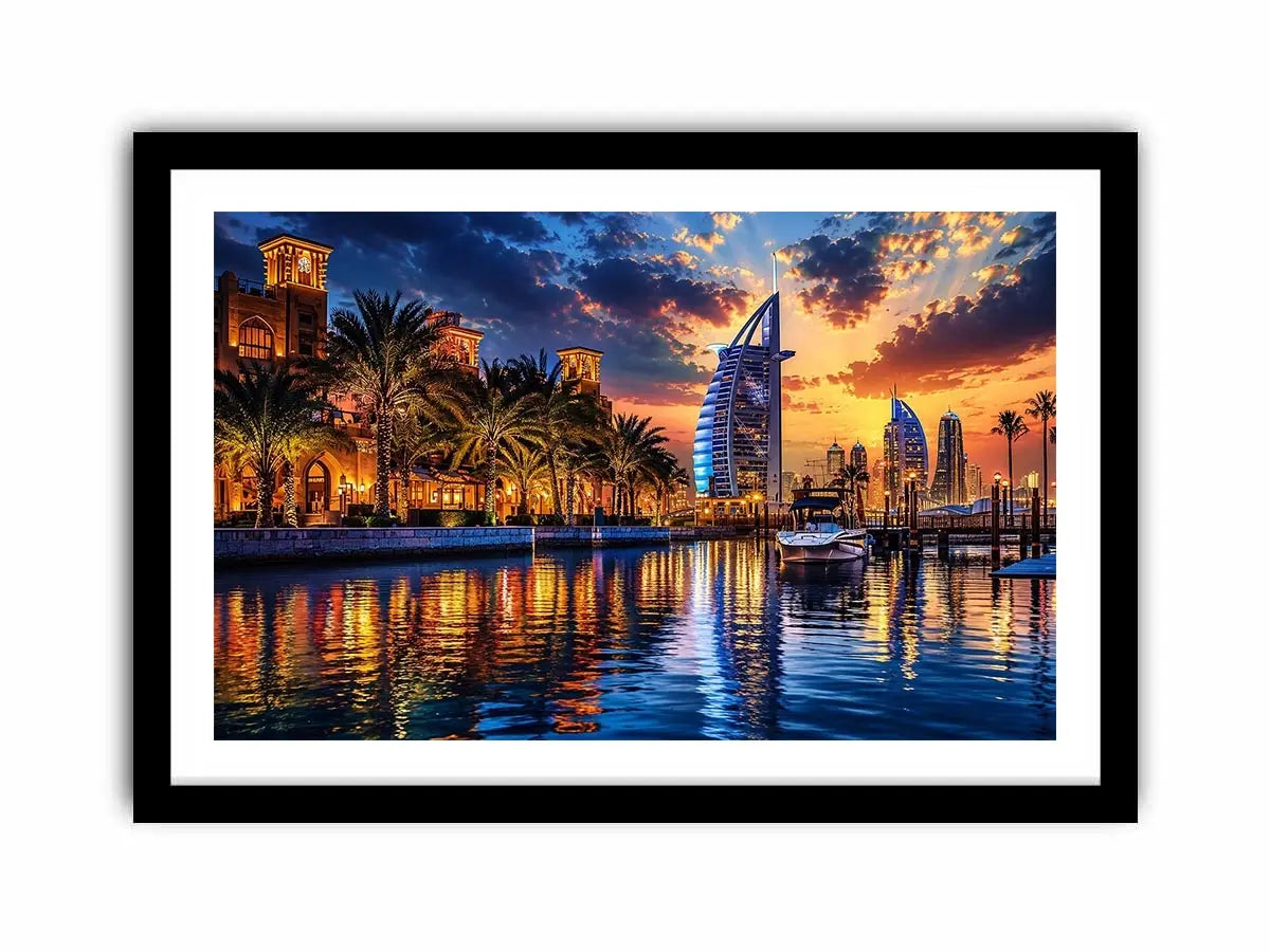 Dubai skyline wall art with waterfront reflections at sunset featuring Burj Al Arab and marina, luxury cityscape canvas for living room and office decor