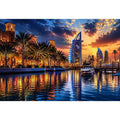 Dubai skyline wall art with waterfront reflections at sunset featuring Burj Al Arab and marina, luxury cityscape canvas for living room and office decor