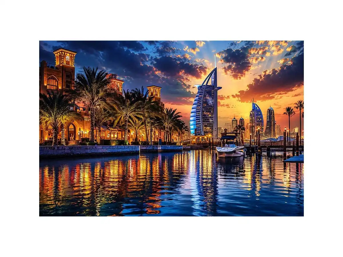 Dubai skyline wall art with waterfront reflections at sunset featuring Burj Al Arab and marina, luxury cityscape canvas for living room and office decor