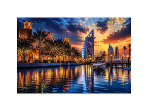 Dubai skyline wall art with waterfront reflections at sunset featuring Burj Al Arab and marina, luxury cityscape canvas for living room and office decor