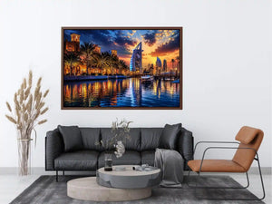 Dubai skyline wall art with waterfront reflections at sunset featuring Burj Al Arab and marina, luxury cityscape canvas for living room and office decor