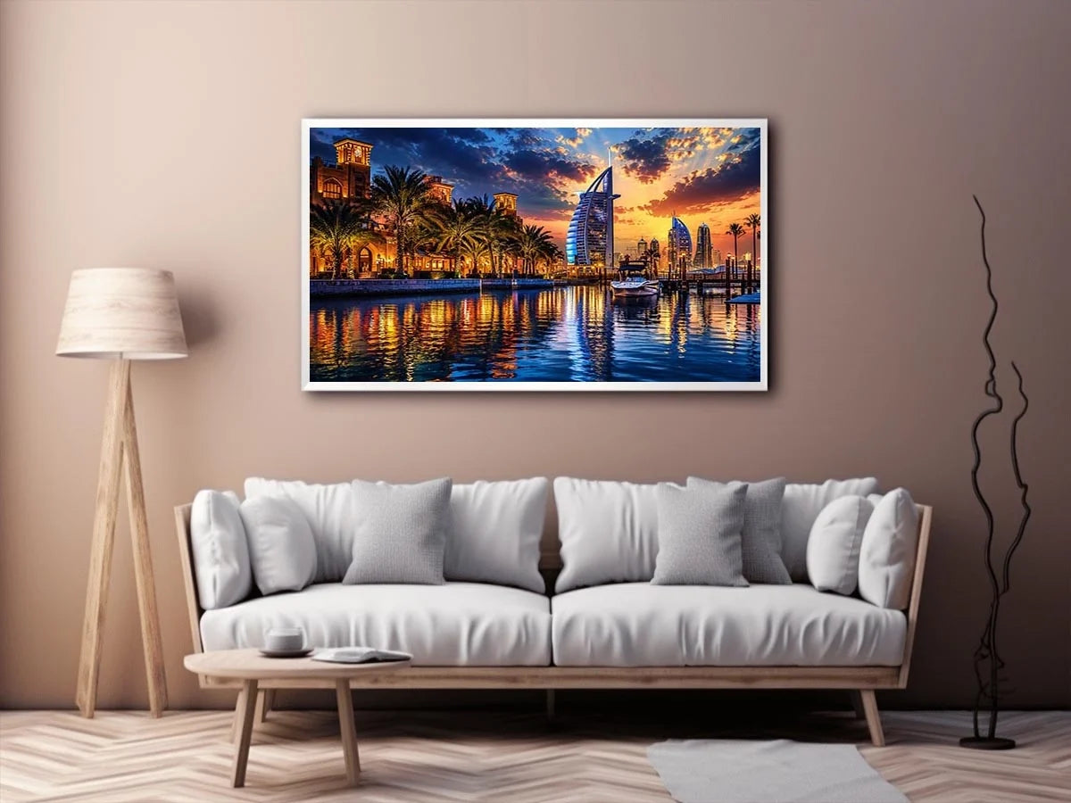 Dubai skyline wall art with waterfront reflections at sunset featuring Burj Al Arab and marina, luxury cityscape canvas for living room and office decor