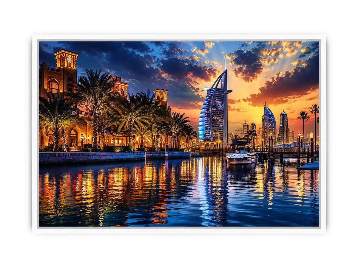 Dubai skyline wall art with waterfront reflections at sunset featuring Burj Al Arab and marina, luxury cityscape canvas for living room and office decor