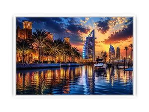 Dubai skyline wall art with waterfront reflections at sunset featuring Burj Al Arab and marina, luxury cityscape canvas for living room and office decor