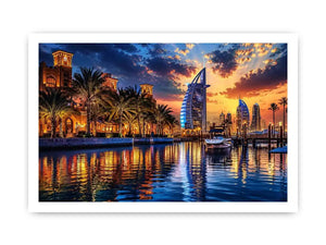 Dubai skyline wall art with waterfront reflections at sunset featuring Burj Al Arab and marina, luxury cityscape canvas for living room and office decor