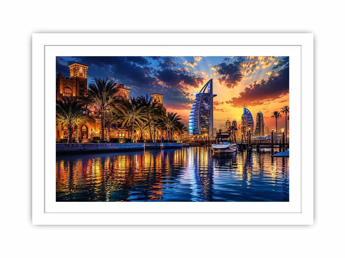 Dubai skyline wall art with waterfront reflections at sunset featuring Burj Al Arab and marina, luxury cityscape canvas for living room and office decor