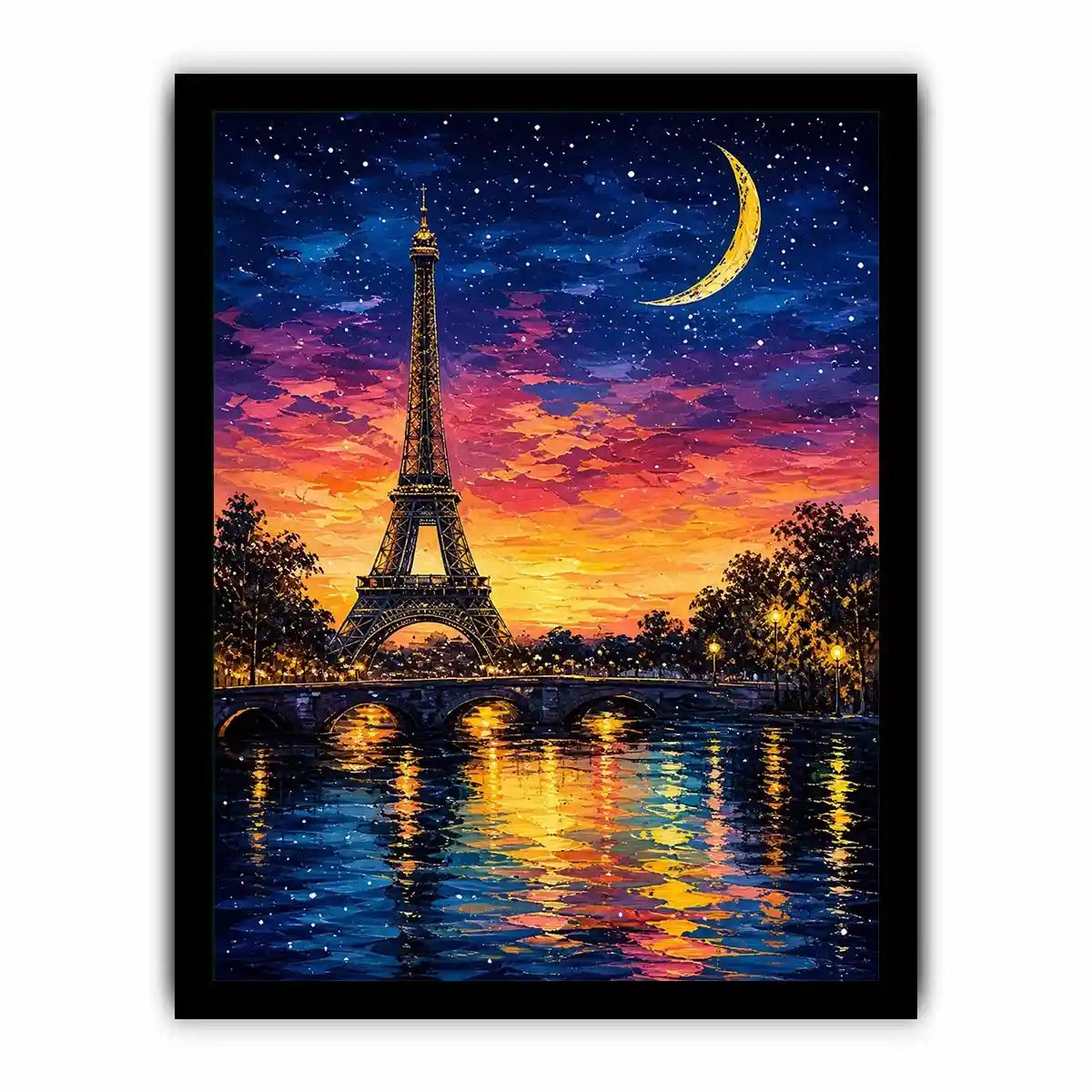 Eiffel Tower wall art with moonlit sky and reflection in water, dreamy Paris night canvas for bedroom and living room decor