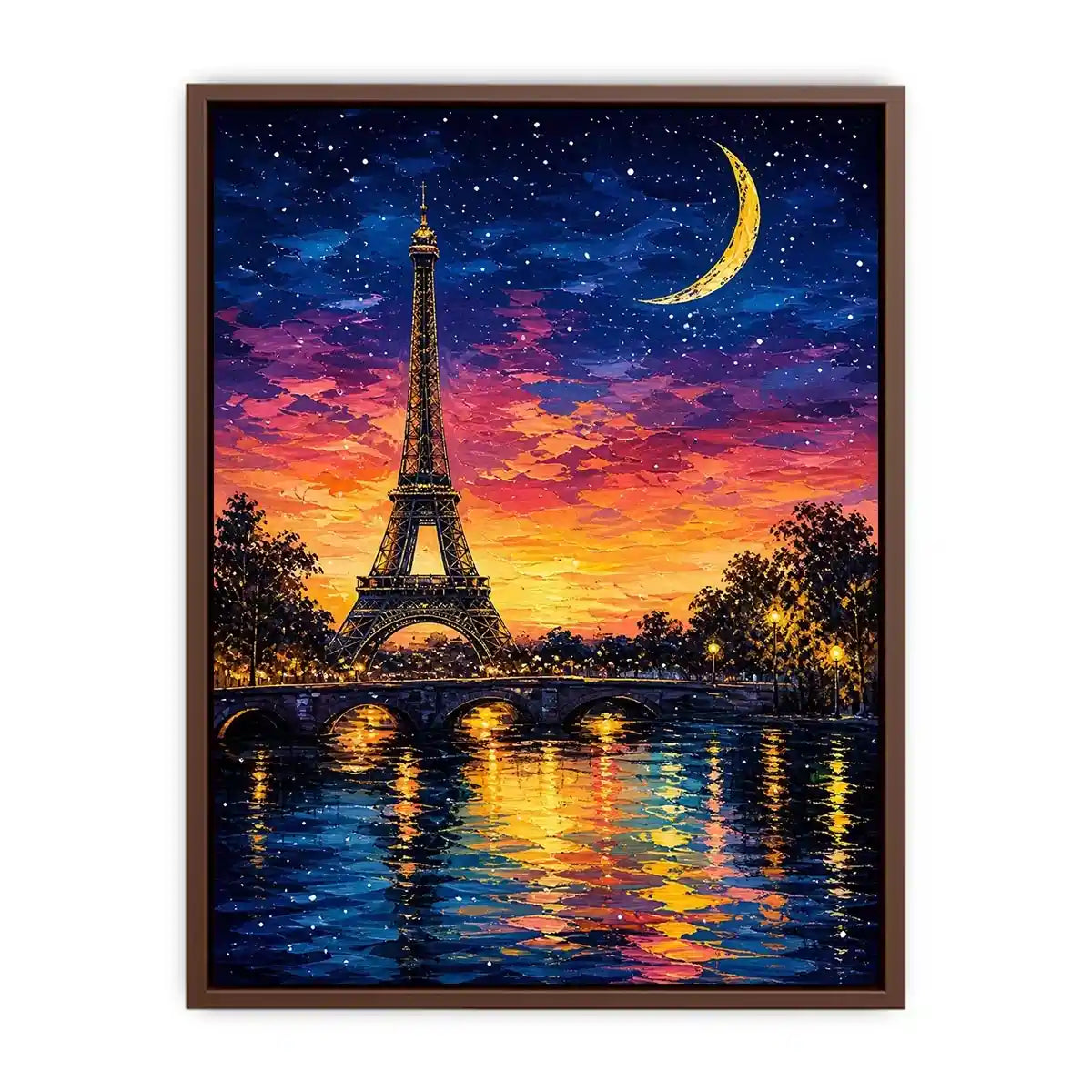 Eiffel Tower wall art with moonlit sky and reflection in water, dreamy Paris night canvas for bedroom and living room decor