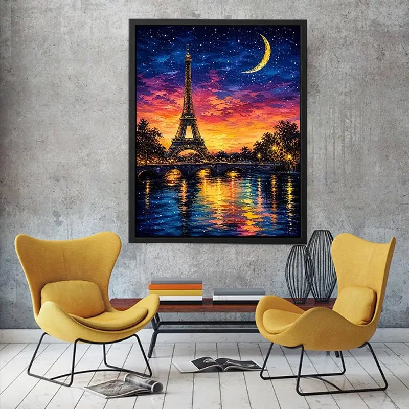 Eiffel Tower wall art with moonlit sky and reflection in water, dreamy Paris night canvas for bedroom and living room decor