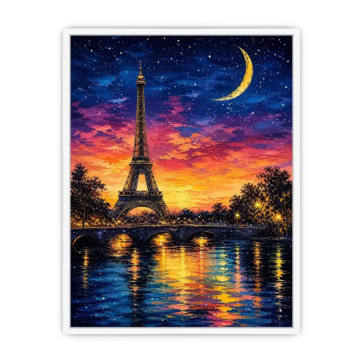 Eiffel Tower wall art with moonlit sky and reflection in water, dreamy Paris night canvas for bedroom and living room decor