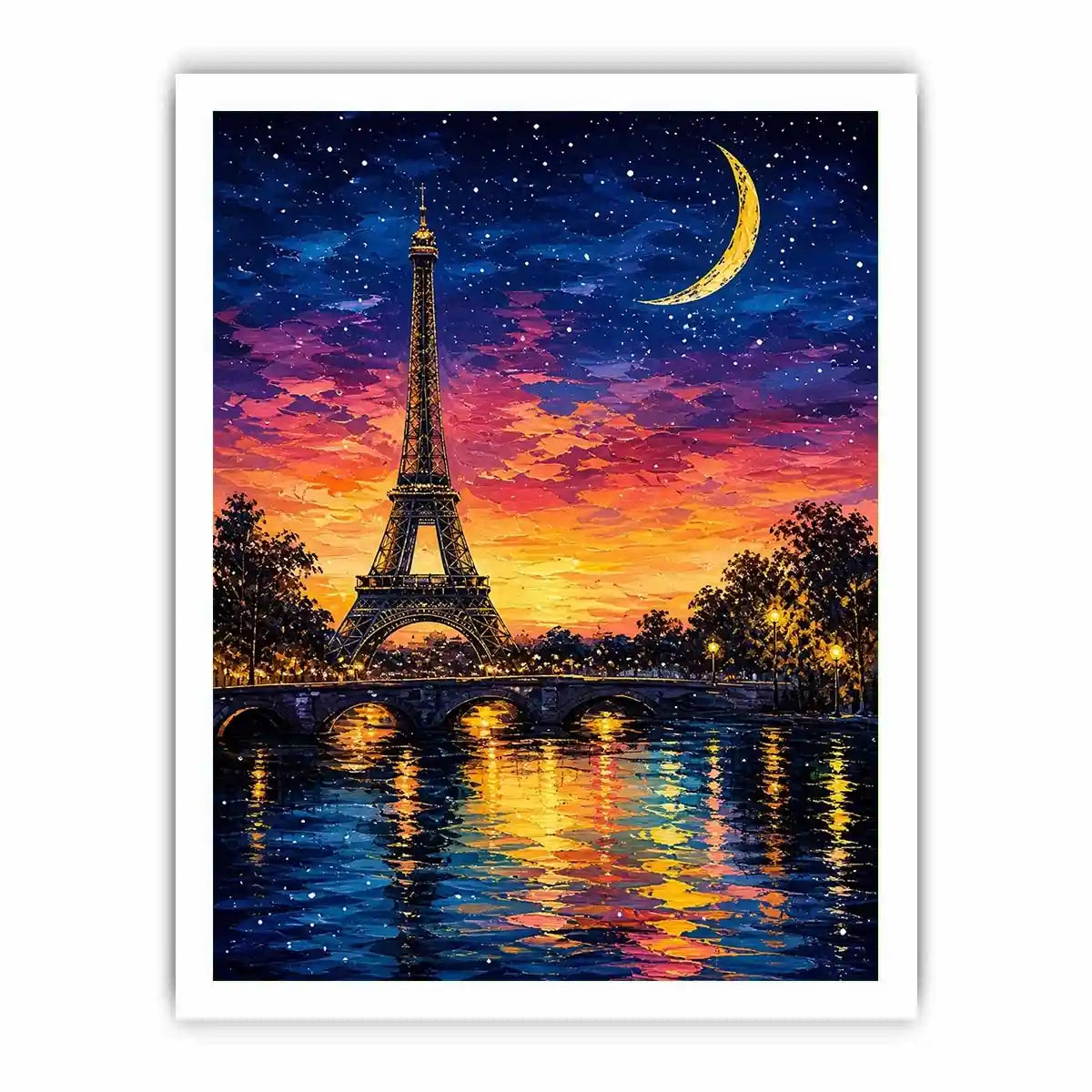 Eiffel Tower wall art with moonlit sky and reflection in water, dreamy Paris night canvas for bedroom and living room decor