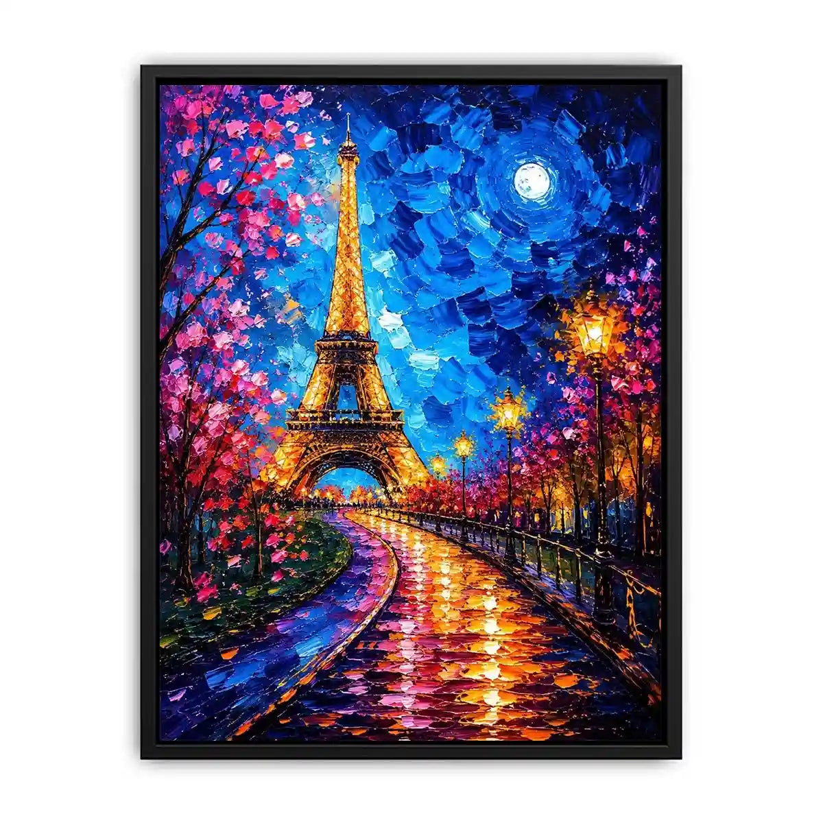 Colorful Paris street wall art with glowing Eiffel Tower and vibrant night lights, modern abstract city canvas for living room and bedroom decor