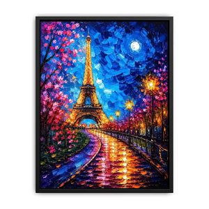 Colorful Paris street wall art with glowing Eiffel Tower and vibrant night lights, modern abstract city canvas for living room and bedroom decor