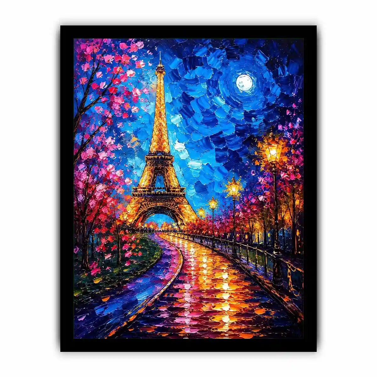 Colorful Paris street wall art with glowing Eiffel Tower and vibrant night lights, modern abstract city canvas for living room and bedroom decor