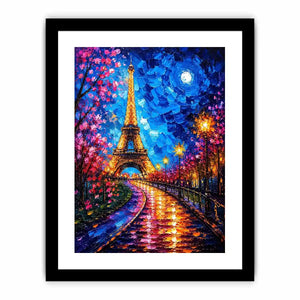 Colorful Paris street wall art with glowing Eiffel Tower and vibrant night lights, modern abstract city canvas for living room and bedroom decor