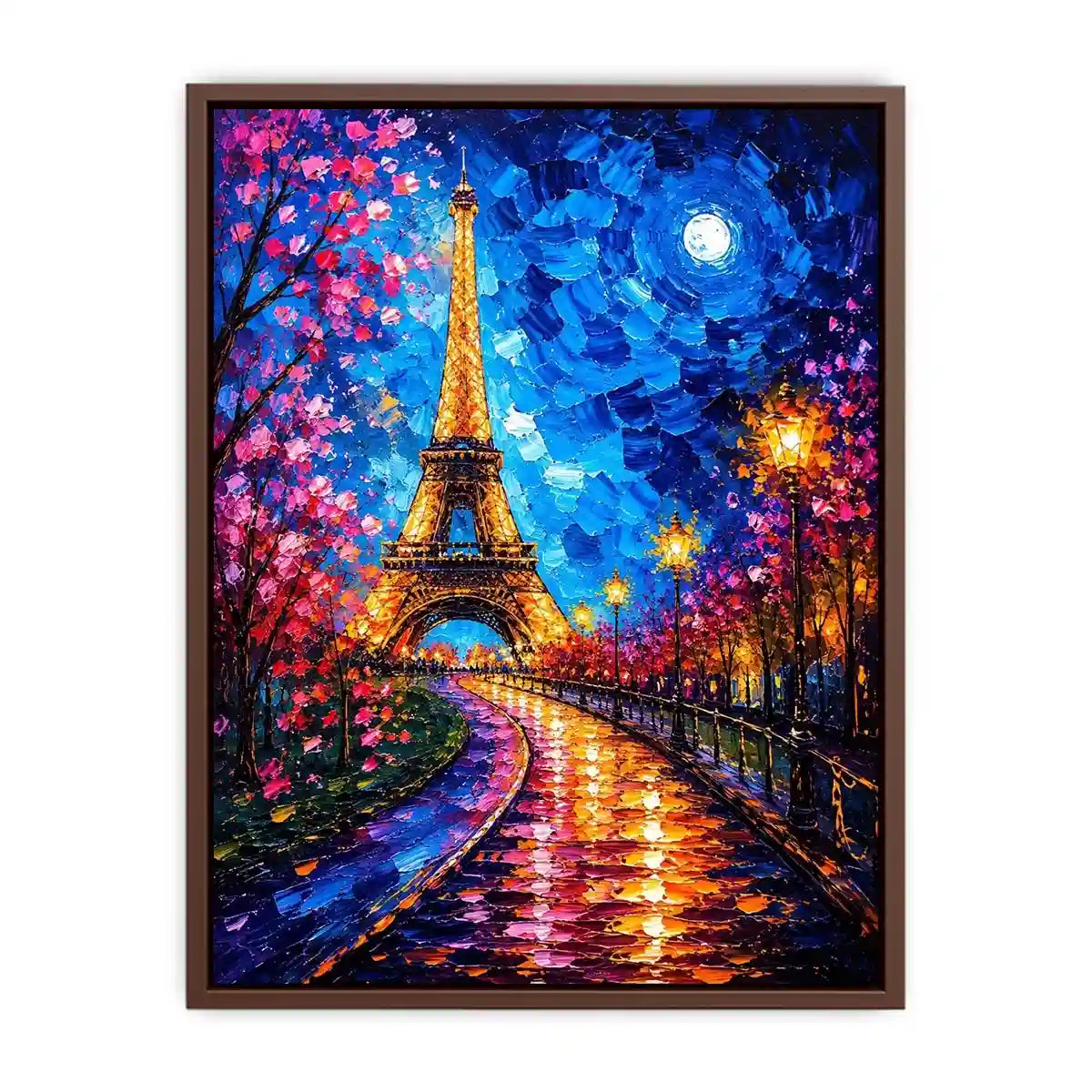 Colorful Paris street wall art with glowing Eiffel Tower and vibrant night lights, modern abstract city canvas for living room and bedroom decor