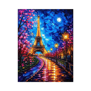 Colorful Paris street wall art with glowing Eiffel Tower and vibrant night lights, modern abstract city canvas for living room and bedroom decor