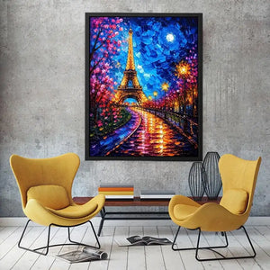 Colorful Paris street wall art with glowing Eiffel Tower and vibrant night lights, modern abstract city canvas for living room and bedroom decor