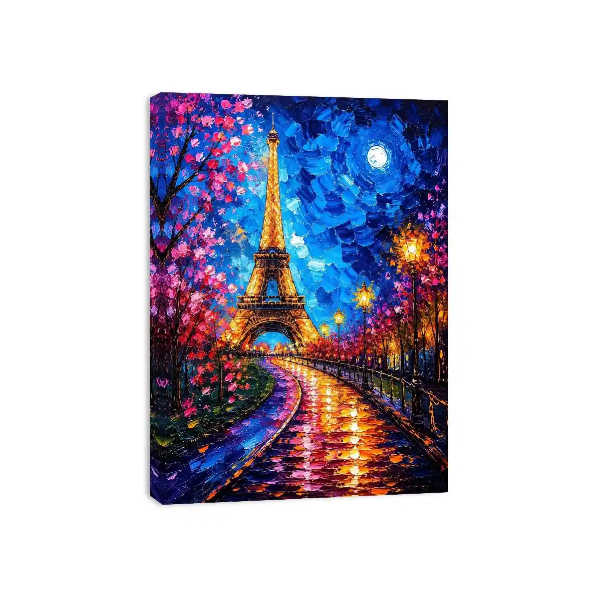Colorful Paris street wall art with glowing Eiffel Tower and vibrant night lights, modern abstract city canvas for living room and bedroom decor