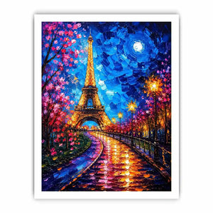 Colorful Paris street wall art with glowing Eiffel Tower and vibrant night lights, modern abstract city canvas for living room and bedroom decor