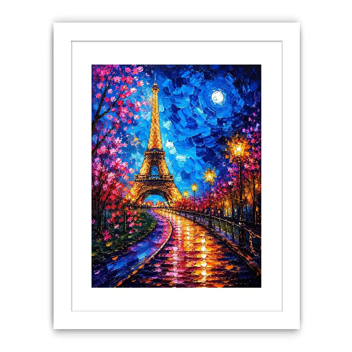 Colorful Paris street wall art with glowing Eiffel Tower and vibrant night lights, modern abstract city canvas for living room and bedroom decor