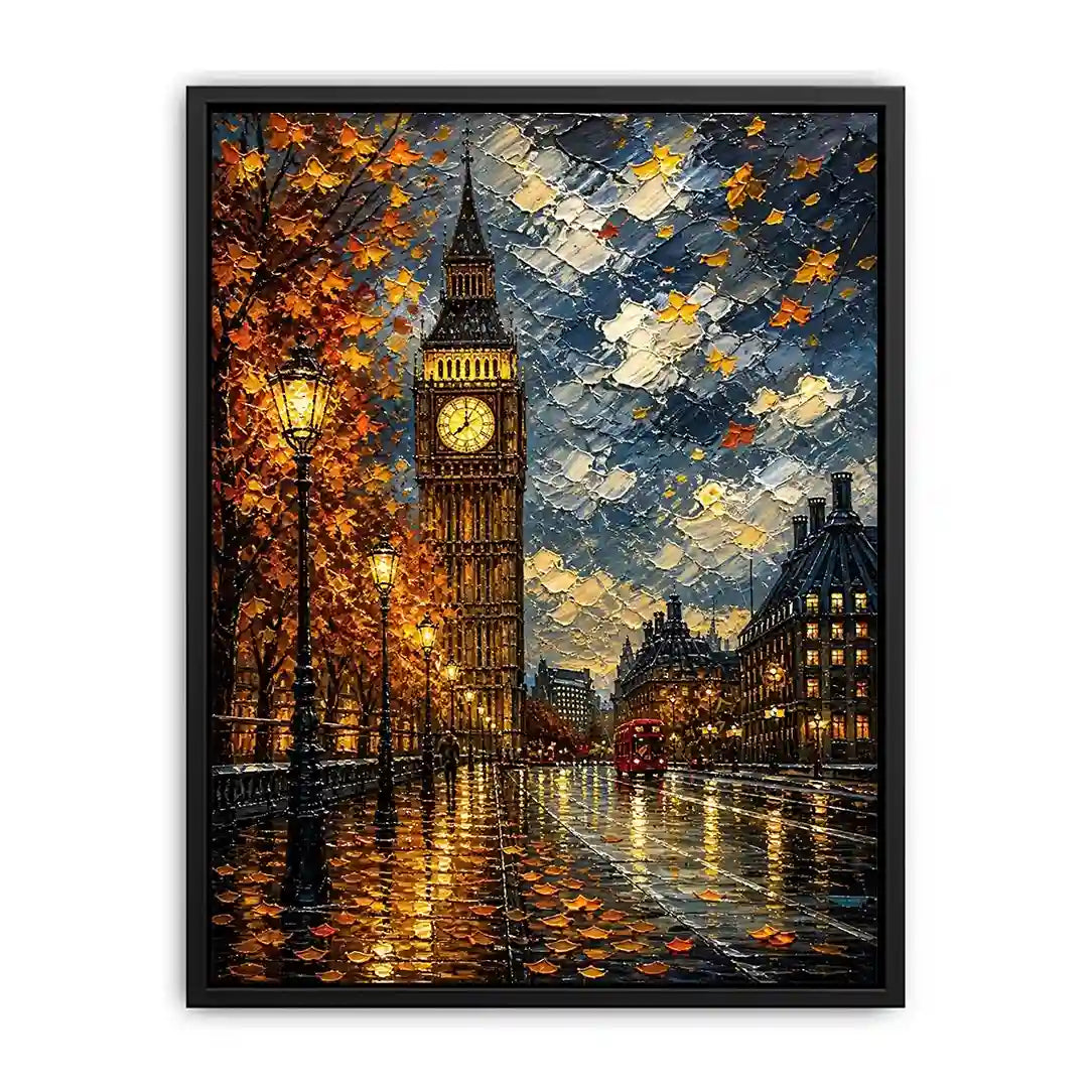 Rainy London Big Ben painting with autumn leaves and glowing street reflections