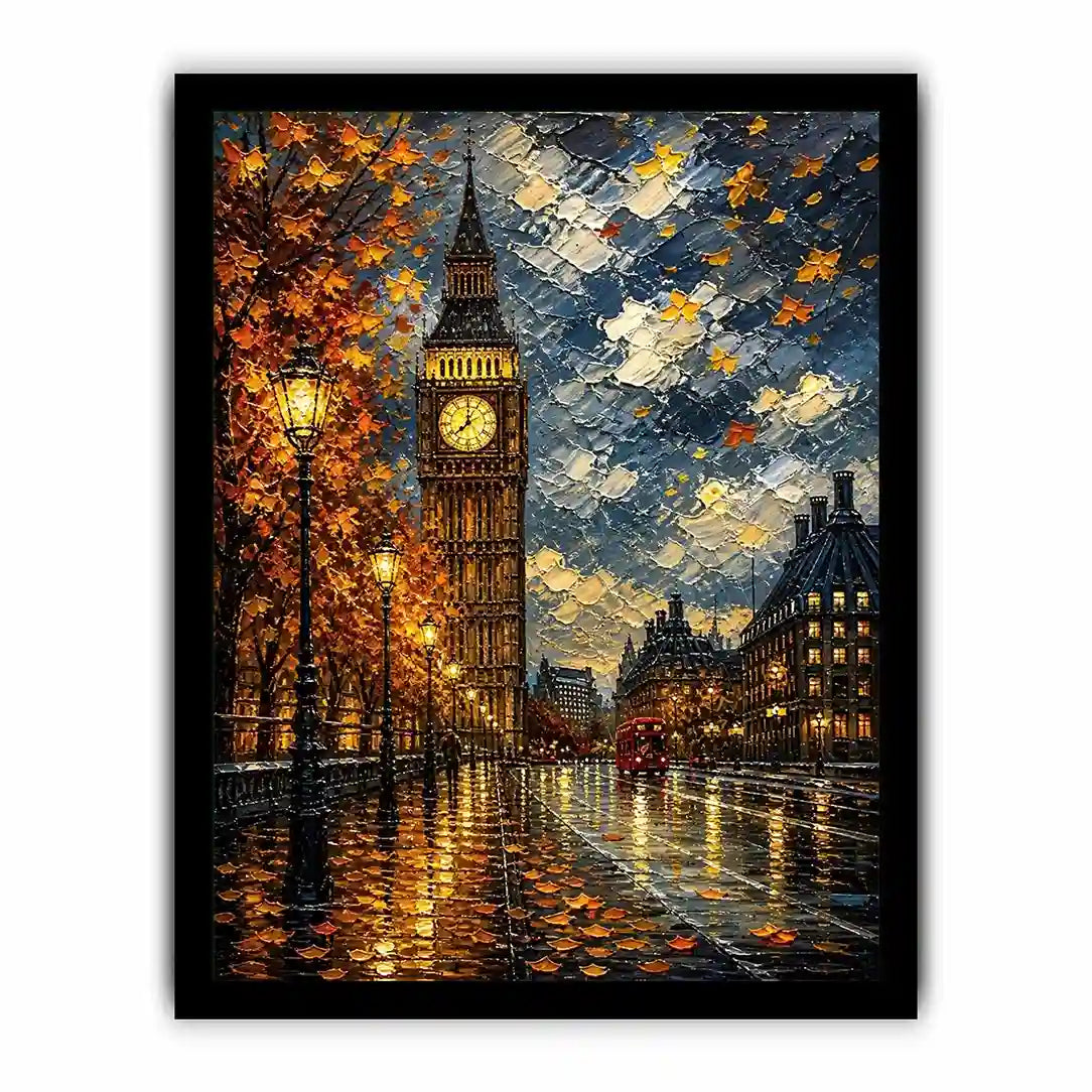 Rainy London Big Ben painting with autumn leaves and glowing street reflections